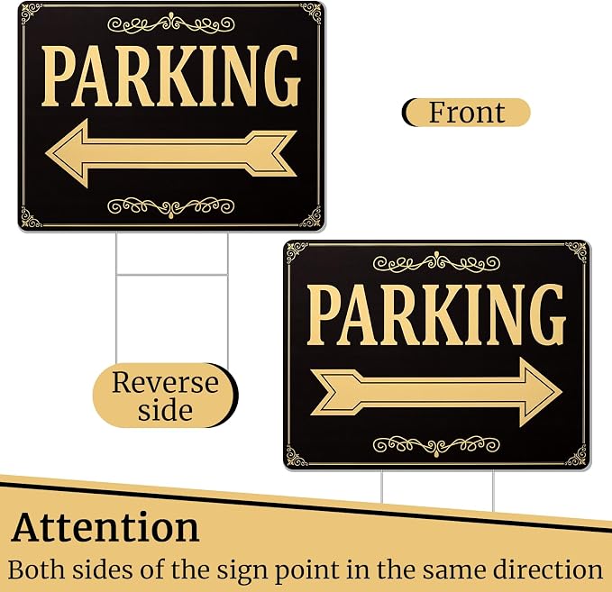 Menkxi 10 Pcs Wedding Parking Sign with Stake, Double-sided Parking Direction Signs, Corrugated Plastic Black & Gold Yard Signages for Party Outdoor Events – Includes 17" x 6" and 12" x 16" Sizes