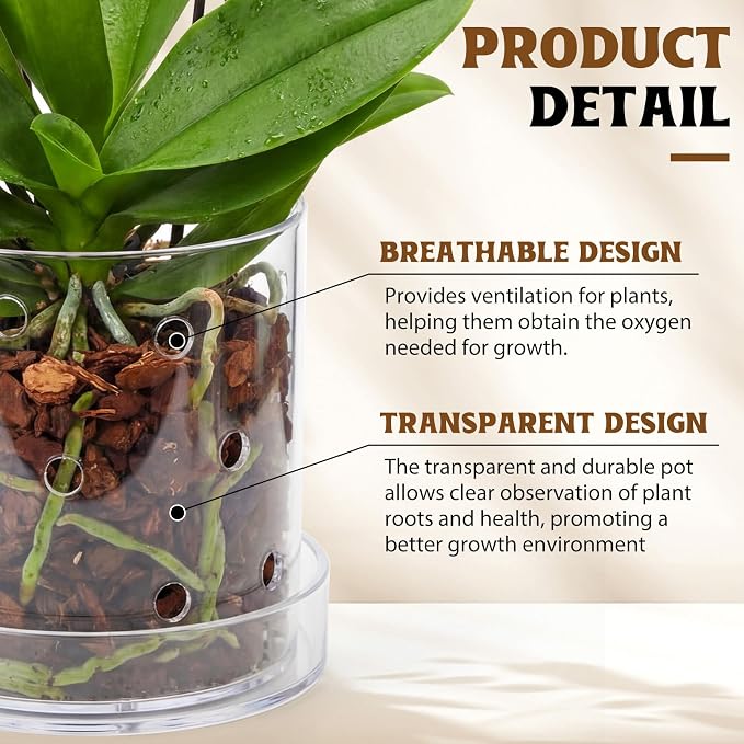 7 Inch Clear Acrylic Orchid Planter Pot with 360° Round Holes & Tray, Thick Acrylic Vented Planter for Phalaenopsis, Root Airflow, Bottom Watering & Indoor Orchid Repotting