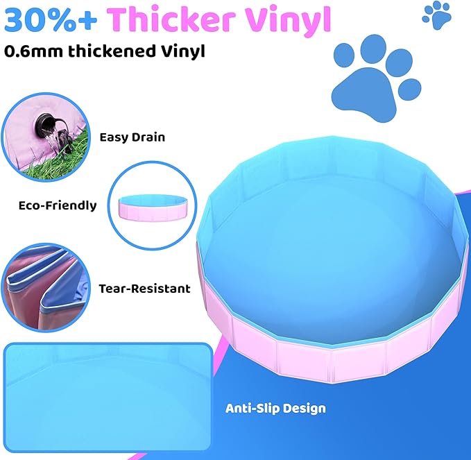 CACSPS 2025 Updated Foldable Dog Pool, 55" x 12" Kiddie Pool with Hard Plastic, Non-Slip Dog Bath Tub for Outdoor Backyard, Collapsible Dog Swimming Pool for Kids Dogs Pets (Pink)