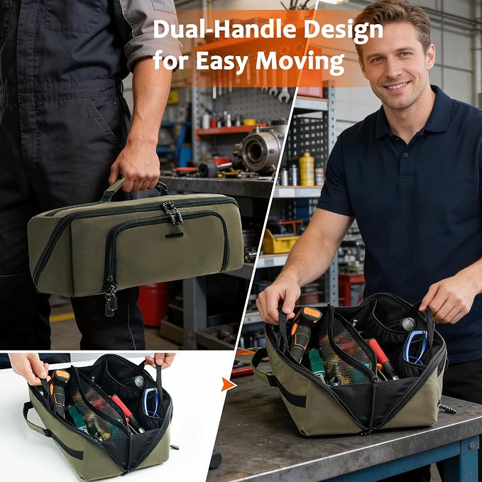 Tool Bag Organizer for Electrician & Technician, Portable Wide-Open Tool Tote with Multi Compartments, Heavy Duty Tool Storage Bag for HVAC, Plumbing, Garage & Home Repair Tools, Handyman