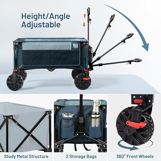 Timber Ridge Collapsible Wagon with Brakes Utility Folding Cart Heavy Duty All Terrain Wheels for Outdoor Shopping Camping Sports Garden with Side Bag and Cup Holders, Blue