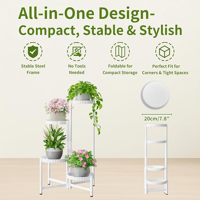 Metal Corner Plant Stand Indoor Outdoor, 4 Tier Tall Flower Pot Holder Potted Display Rack Shelf, Heavy Duty Flodable Plant Shelf for Patio Garden Balcony Living Room Bedroom - WhiteFloroma