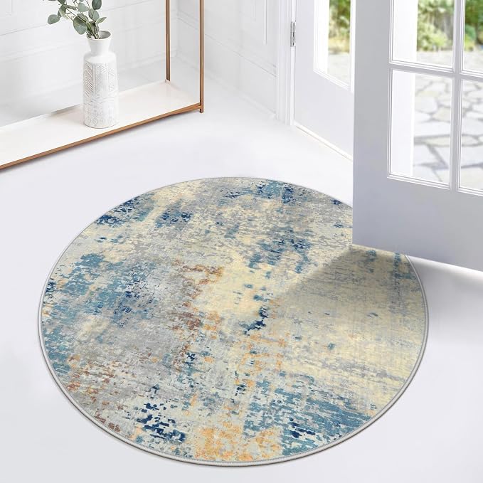 Lahome Modern Abstract Round Rug 3Ft, Blue Washable 3x3 Circle Rugs for Kitchen Entryway Soft Small Bedroom Mat Non Slip, Contemporary Indoor Floor Throw Carpet for Nursery Home Office