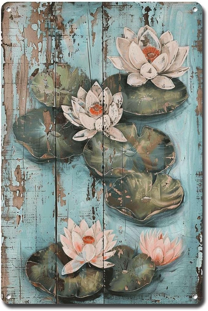 Metal Sign Tin Sign Vintage Wall Art Rustic Serenity Water Lilies Tin Sign for Easy Installation Weather Resistant Design and Vintage Signs for Garden for Room 8×12 Inches