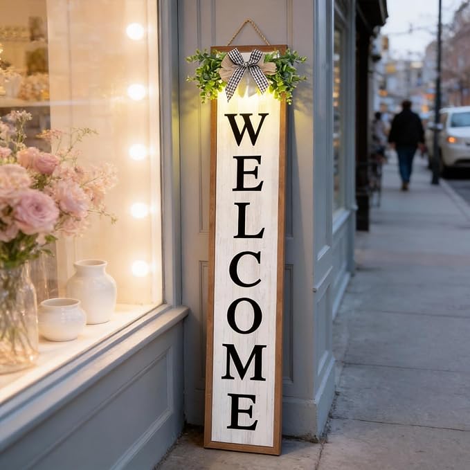 Welcome Sign for Front porch Standing 45"X9" Double-Sided Wood Frame Outdoor Tall Welcome Signs Vertical Decor for Farmhouse Rustic Home Modern Outside Front Door Wall Decorations