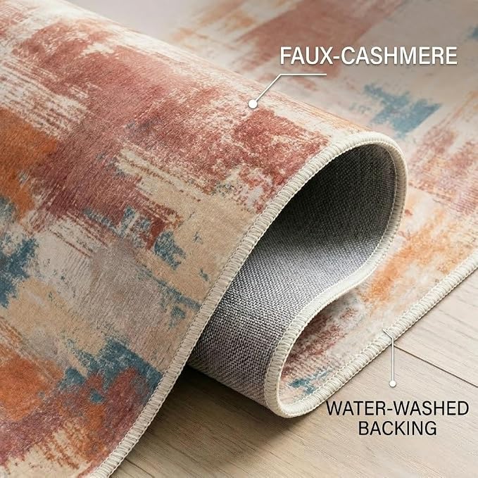 5x7 Terracotta Blue Beige Modern Abstract Brushstroke Area Rug | Washable non-slip low-pile faux cashmere rug for living rooms, bedrooms and home offices.