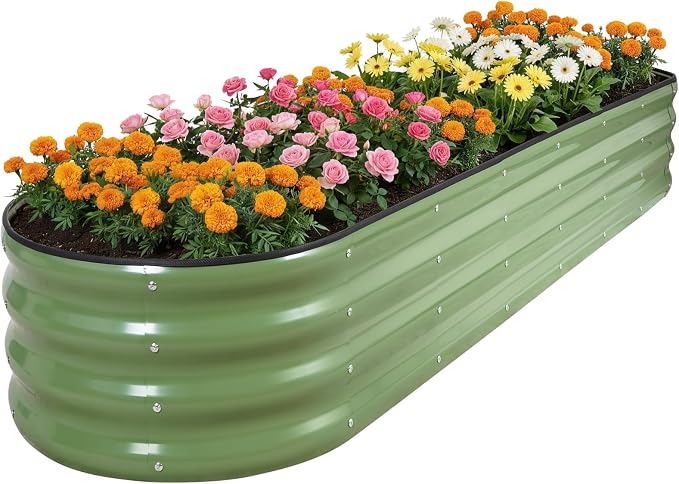 Galvanized Raised Garden Bed 1 Pack, 8x2x1ft Oval Metal Planter Box Outdoor with Support Rods & Corner Protection, Planter Beds for Vegetables, Fruits, Flowers (OliveGreen)