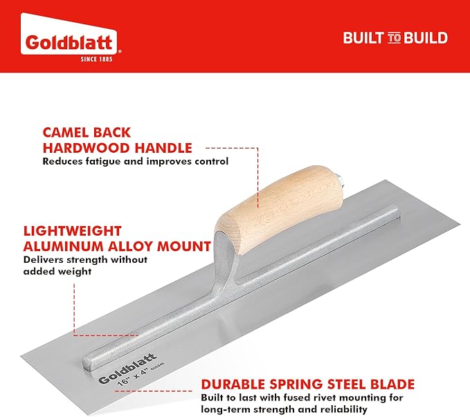 GOLDBLATT 16" x 4" Finishing Trowel, Polished Blade Concrete & Plaster Trowel with Smooth Wood Handle, Hand Trowel for Cement, Plaster, Stucco & Drywall Finishing