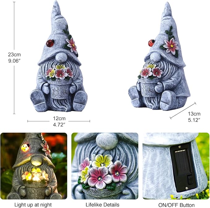 Solar Sitting Gnome with LED Flower Light Garden Decor | Durable resin material for outdoor use, warm LED glow, perfect garden gift for women, moms, housewarming decoration