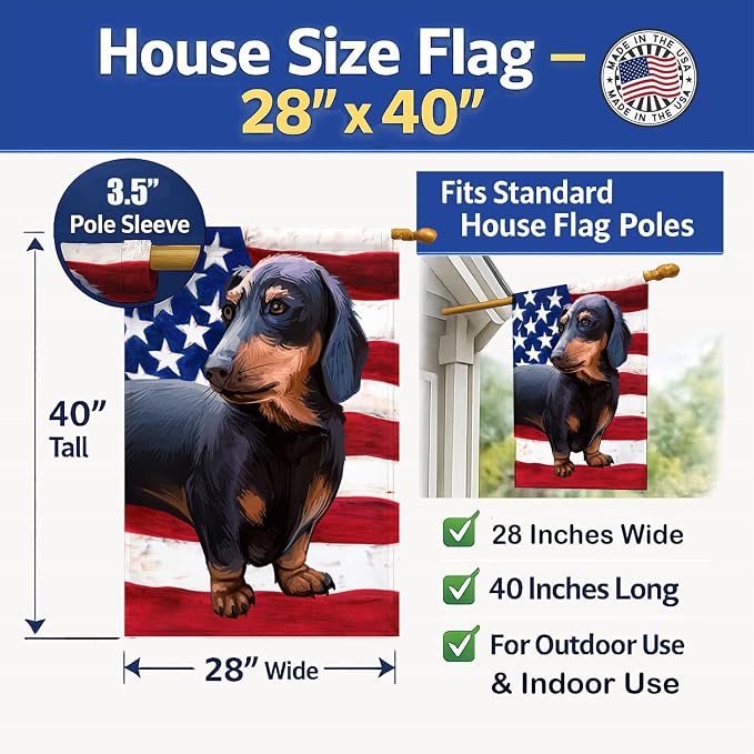 Caroline's Treasures CK6500CHF Dachshund Dog American Flag House Flag Large Porch Sleeve Pole Decorative Outside Yard Banner Artwork Wall Hanging, Polyester, House Size, Multicolor