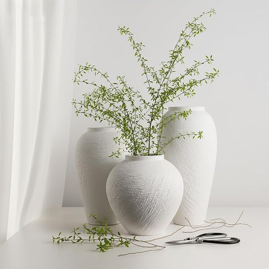 Vintage Ceramic Vase, Minimalist Texture Stone Patterned White Flower Vase, Decorative Vase for Living Room Shelf Farmhouse Dining Table Centerpiece Decor (White Texture Set of 3)