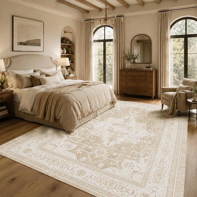 6x9 Area Rug for Living Room Vintage Washable Non Slip Rugs | Beige Farmhouse Boho Floral Neutral Stain Resistant Indoor Carpet for Bedroom Office and Home Decor