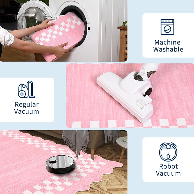 GarveeHome Small Bedroom Area Rug 3x5 Checkered Area Rug for Living Room | Nursery Non Slip Kitchen Throw Carpet Low Pile Modern Bordered Rugs Washable Pink Rugs for Laundry Entryway, Pink