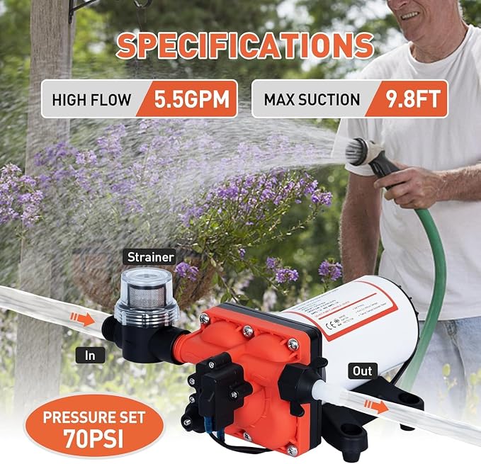 High Pressure 12 Volt RV Water Diaphragm Pump 5.5GPM 70PSI,On Demand 12V DC Self Priming Water Pump with Smart Pressure Switch,Fresh Wash Down for Boat Camper Marine Sprayer Garden Off-grid