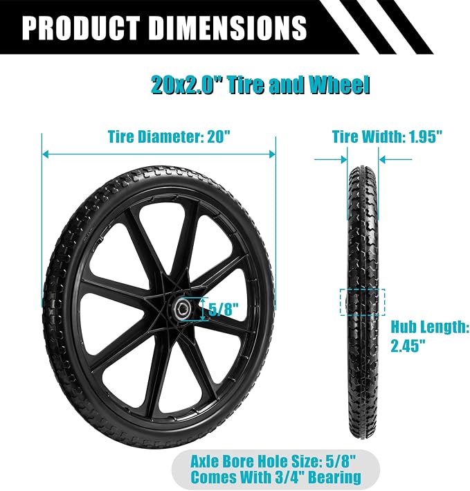 20" Flat Free Tire Cart Wheels Replacement for Rubber Maid Wheelbarrow Wheels Garden Cart, Replacement Wheels with 5/8" 3/4" Bearing for Utility Carts/Lawn Carts/Wheelbarrow, Black 2PACK