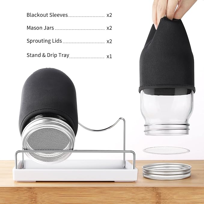 Seed Sprouting Jar Kit - 2 Wide Mouth Mason Jars with 316 Stainless Steel Sprouting Lids Covers, Drip Tray and Stand for Growing Broccoli Alfalfa Beans Sprout (Two Jars)
