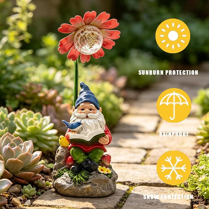 COWOS Solar Powered Garden Gnome Statue with Glowing Flower Light, Hand-Painted Resin Figurine for Outdoor Patio, Yard, Lawn Decor, Gift for Garden Lovers