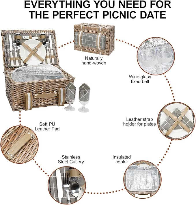 Wicker Picnic Basket for 2 - Willow Basket with Waterproof Picnic Blanket | Willow Picnic Set with Insulated Cooler | Wicker Hamper with Cutlery Kit | Gift Basket for Christmas, Thanks Giving, Grey