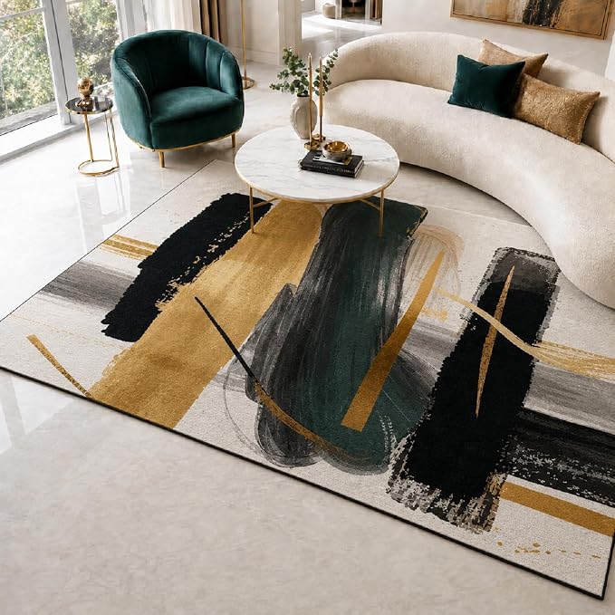 9CH Black White Gold Area Rug 7' X 5' Modern Abstract Rugs for Living Room | Soft Non-Slip Stain Resistant Carpet Washable Stain Resistant Bedroom Dining Room