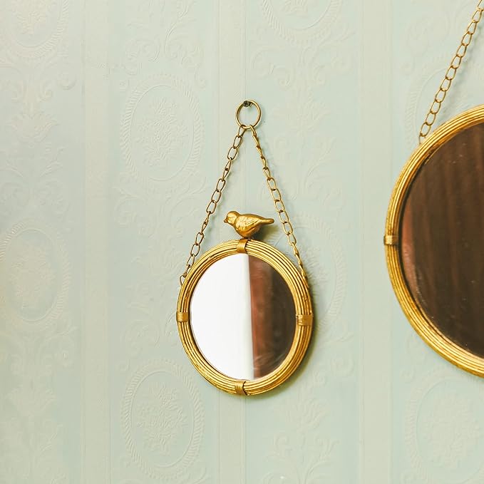 NIKKY HOME 6.7 Inch Decorative Small Hanging Mirrors Vintage Round Metal Framed Wall Mounted Mirror Decor with Bird for Bathroom Living Room Office, Rustic Gold