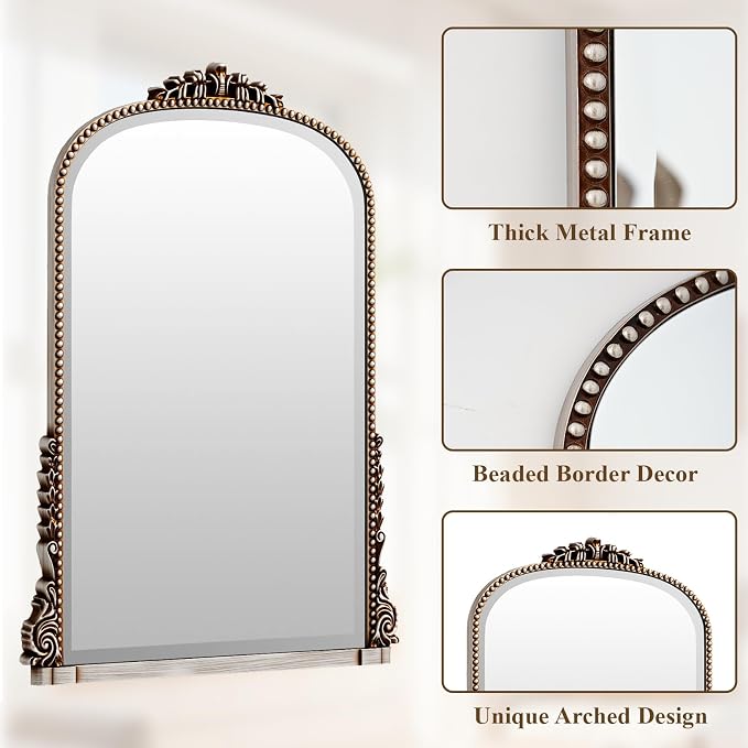 28"×40" Silver Arched Wall Mirror with Vintage Carving | Bathroom Vanity Makeup Mirror, as Wall Decor Hanging Leaning for Fireplace Mantle, Living Room, Bedroom, Vanity Area