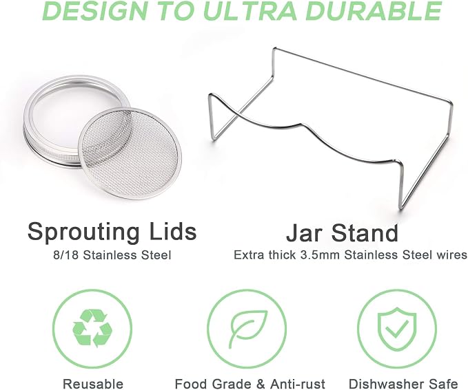 Seed Sprouting Jar Kit with Lids & Sprouts Stand,Growing alfalfa broccoli | Mason Jar Sprouter Set with Stainless Steel Screen Lids,Tray for Broccoli, Alfalfa, Mung Beans & Organic Microgreens