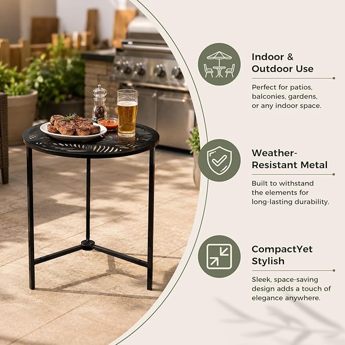 Extra-large Metal Side Table 17.7 Inches Heavy-duty Outdoor Patio Garden End Table Round Accent Corner Stand for Small Space Weather-resistant Coffee Table for Balcony Porch Plant Stand, Tropical Leaf
