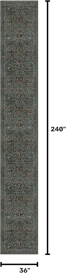 Dark Green Washable 3x20 Extra Long Runner Rug for Hallway Non Slip, Large Kitchen Indoor Floor Rugs for Entryway Hall Way, Soft Stain Resistant Low Pile Vintage Floral Carpet