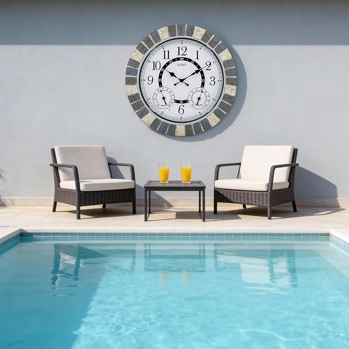 OCEST 18 Inch Outdoor Wall Clock with Night Light, Waterproof Thermometer & Hygrometer Combo, Battery Operated Silent Non-Ticking Large Patio Clock for Garden, Pool, Porch (Rustic Gray)
