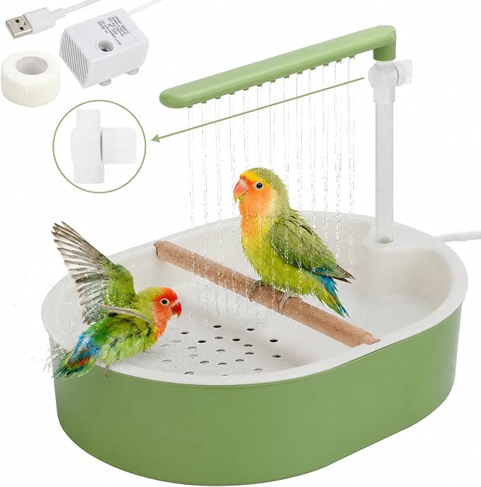 Automatic Parakeet Bird Bath Shower, Quiet Circulating Parrot Bathtub | Adjustable water flow & quiet pump. Fits Cockatiels, Budgies, Conures, Lovebirds, Quakers, Parrotlets & small medium birds
