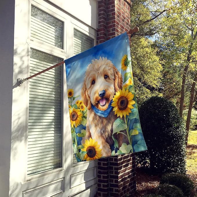 Caroline's Treasures DAC6089CHF Goldendoodle in Sunflowers House Flag Large Porch Sleeve Pole Decorative Outside Yard Banner Artwork Wall Hanging, Polyester, House Size, Multicolor