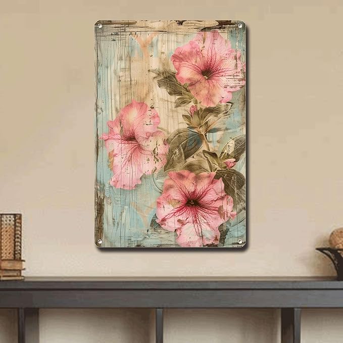 Metal Sign Tin Sign Vintage Wall Art Ruffled Petunias Tin Sign for Vintage Wall Art Rustic Petunia Lovers and Shabby Chic Interiors Bar Signs for Home Bar for Bar 12×16 Inches