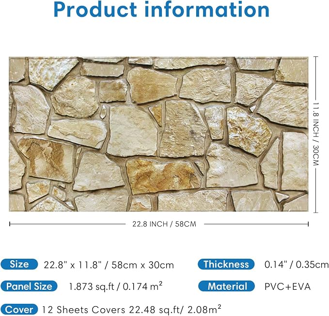 COMSTICKC 3D Faux Stone Wall Panels Peel and Stick Decorative Tiles, 12 Pcs 22.8" x 11.8", DIY UrltraLight PVC Fake Stone Wall Covering Stickers for Kitchen, Living Room Background, Covers 22.48 sq.ft