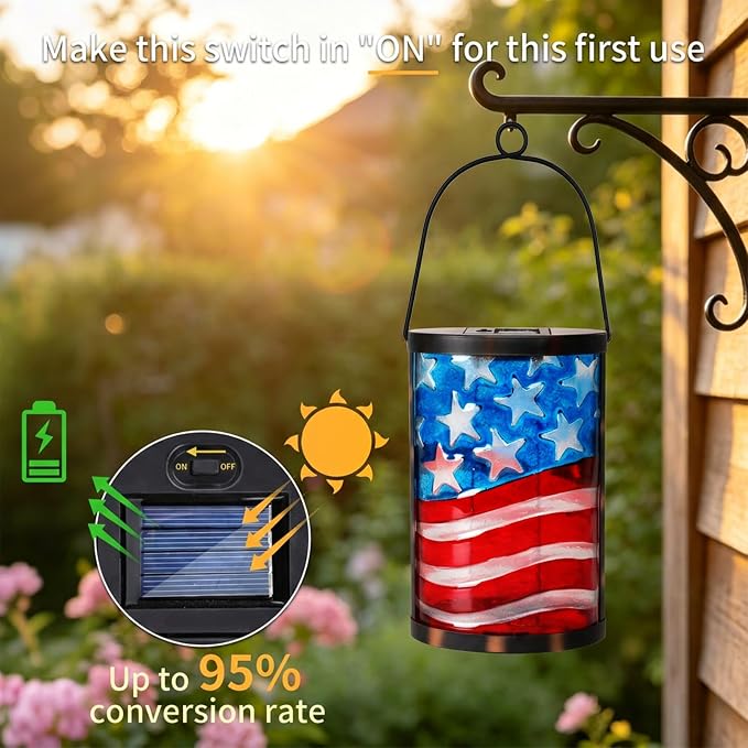 Hanging Solar Lantern Outdoor Decorative Waterproof LED Solar American Flag Lights Tabletop Lamp for Outdoor Patio Garden