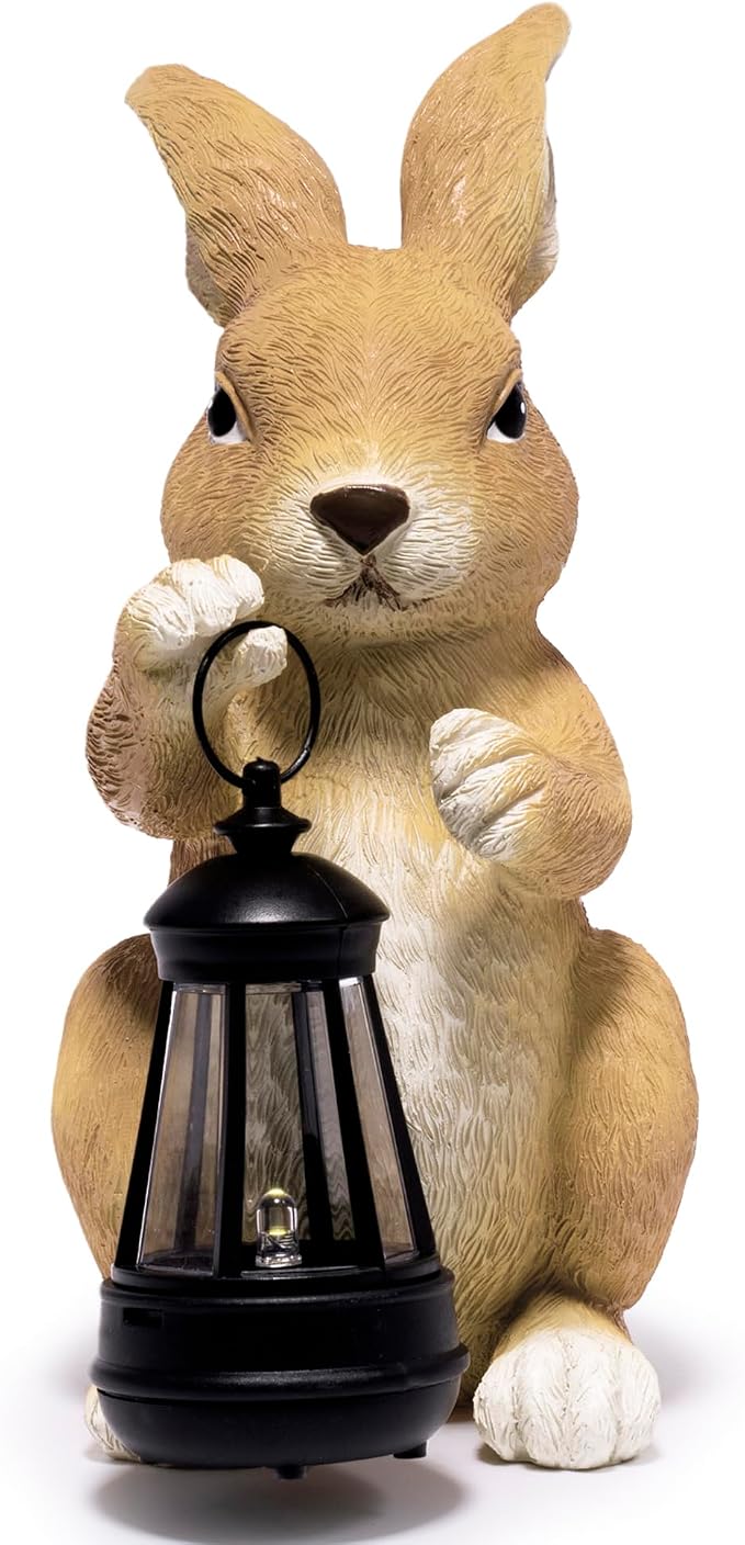 basen Outdoor Bunny Statue with LED Lantern, Battery Powered Resin Rabbit Garden Decor, Weather Resistant Lawn Yard Patio Ornament for Outdoor Indoor Spring Easter Home Decoration