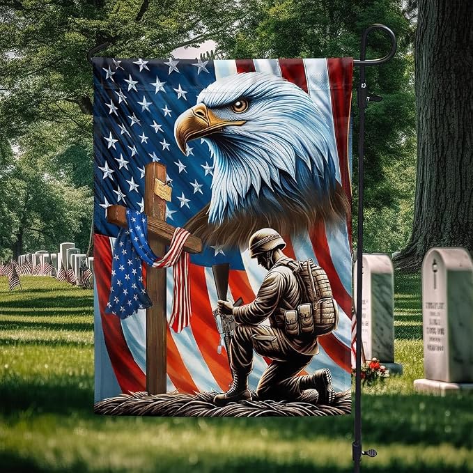 American Flag-Patriotic Eagle Veteran Kneeling Soldier Christ Cross Memorial Day American Flag MLN2793F, 3x5 ft. Flag-USA Flags Premium Polyester-Decorative Indoor Outdoor Flag