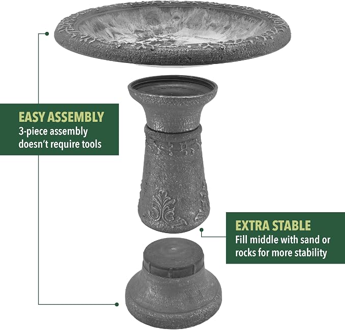 Arcadia Garden Products BB05 Fiberclay Bird Bath Outdoor Garden Decor, Antique Vintage Weather Resistant Water Bowl for Backyard and Patio and, 20-inch Tall, Black