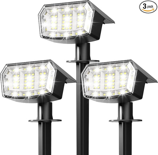 AUDERWIN Solar Lights Outdoor Waterproof IP65, 63 LED 3 Lighting Modes Solar Powered Yard Garden Spot Lights for Outside Landscape- 3 Pack (Cool White)