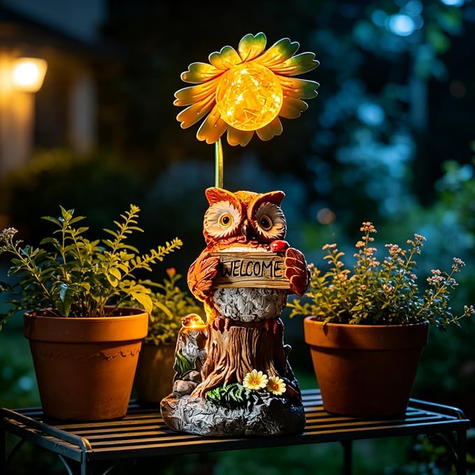 COWOS Solar Powered Owl Garden Statue with Glowing Flower Light, Hand-Painted Resin Figurine for Outdoor Patio, Yard, Lawn Decor, Gift for Nature Lovers