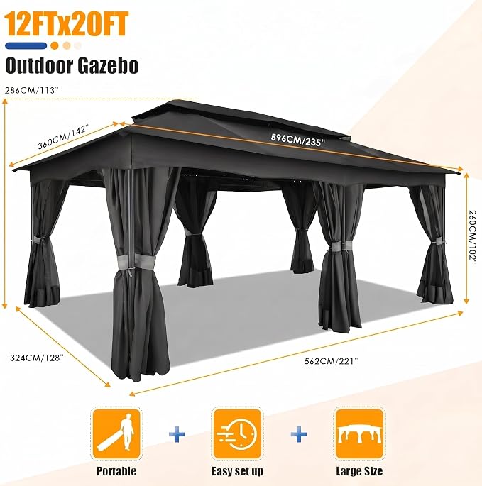 COBIZI Gazebo 12x20 FT Outdoor Gazebo on Clearance with Double Ventilated Arc Roof, Privacy Curtains & Mosquito Netting, Easy Set up Canopy Tent with Stable Metal Frame for Patio Black