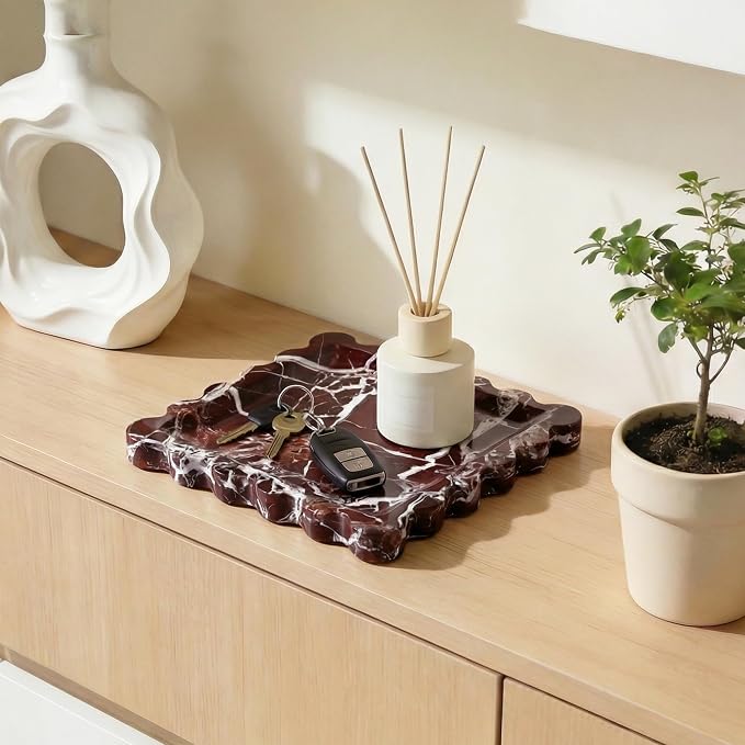 Scalloped Square Marble Decorative Tray, Natural Stone Vanity & Jewelry Tray, Trinket Organizer for Ring, Key, Dresser, Nightstand, Bathroom Counter & Kitchen Sink(Rosso Lepanto)