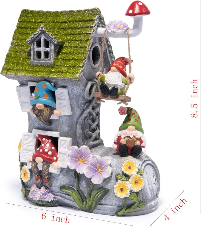 Hodao Spring Solar Gnomes Garden Decor - Whimsical Shoe House with Swinging Gnome, Hand-Painted Floral Base & Mushroom Swing for Porch, Yard, Flower Bed Garden Gifts for Women, Mom (Grey)