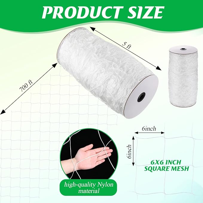 Berlune 5 x 700 ft Trellis Netting Roll Heavy Duty Nylon Garden Trellis Netting with 6 Inch Mesh Soft Plant Support Net for Climbing Plants, Grape Racks, Growing Support Bean, Pea, Tomatoes