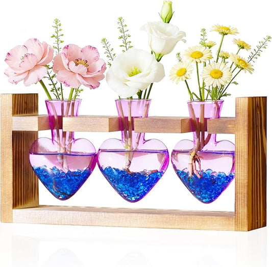 Nacome Plant Terrarium Propagation Stations: Mothers Day Gifts for Mom Plant Lovers Women Wife Daughter - 3 Bulb Glass Vase with Wooden Stand Tabletop for Hydroponics Home Garden Decor(Purple)