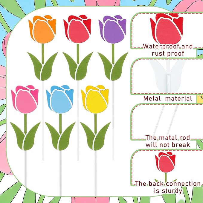 Pickmesh 6 Pcs 12" H Spring Decorations Outdoor Tulips Metal Yard Sign Flowers Spring Colorful Flower Barn Garden Stake for Easter Planter Pot Walkway Pathway Outdoor Decor Lawn Decoration