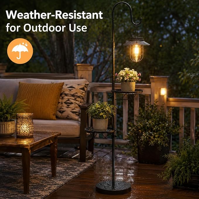 Candieslife 61" H Solar Lights Outdoor with Plant Stands - Metal Shepherd Hook Lantern, Waterproof Floor Lamp with Heavy Base for Patio Porch Deck Yard Garden Decor