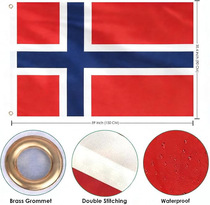 Ahfulife Norway Flag 3x5 Ft, 1 Pc Large Norwegian National Flags for Outdoor Indoor, Double Sided with Brass Eyelets for World Cup, Party, Garden, Bar, Street Decor