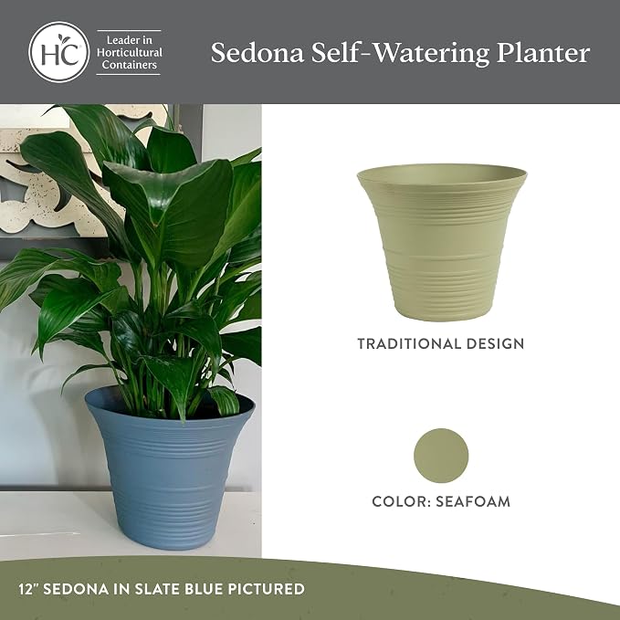 The HC Companies 12 Inch Sedona Round Self Watering Planter Pots, Lightweight UV-Resistant Plastic Indoor & Outdoor Planters, 2-Pack Flower Pots for Garden & Home Decor, Seafoam