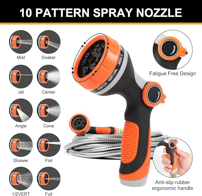 150 ft Garden Hose, Metal Water Hose 100 ft with 10 Function Nozzle & 3/4 Copper Fitting, Heavy Duty & Flexible, Kink Free & Lightweight for Yard, Outdoor, Lawn, Patio & Car
