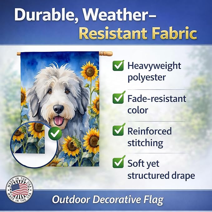 Caroline's Treasures DAC6129CHF Old English Sheepdog in Sunflowers House Flag Large Porch Sleeve Pole Decorative Outside Yard Banner Artwork Wall Hanging, Polyester, House Size, Multicolor